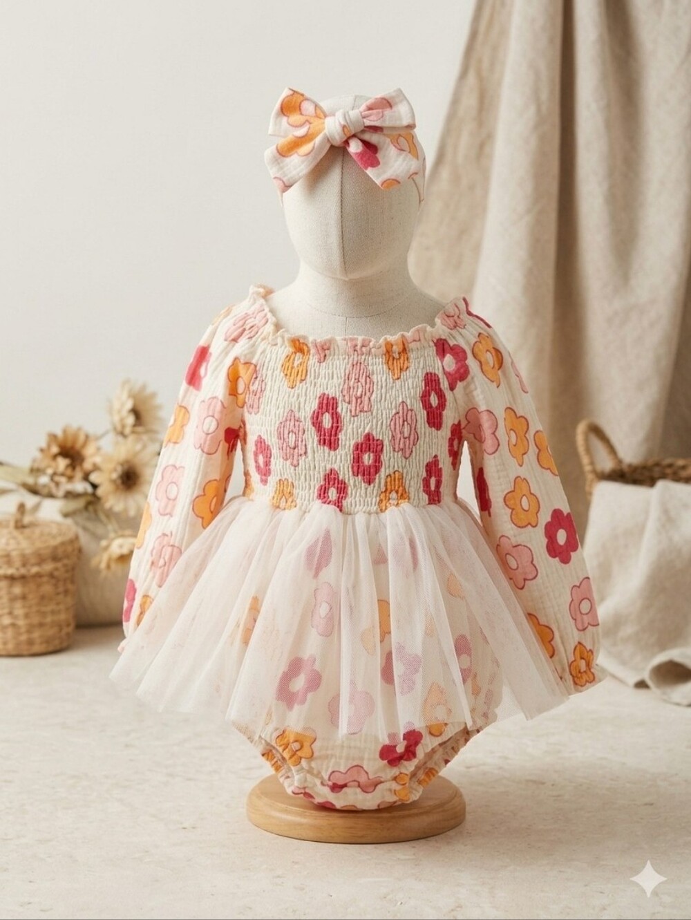 Boho Floral Tutu Romper & Bow Set | Size 90 | Spring 70s Retro Floral 2T